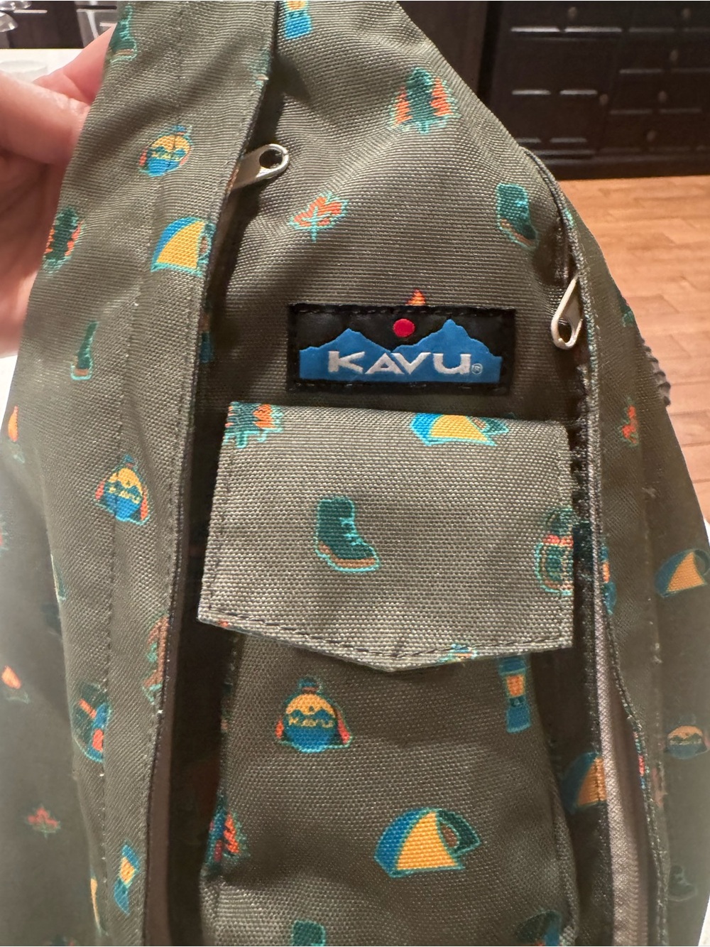 Kavu Olive Crossbody Bag with Teal and Yellow Icons